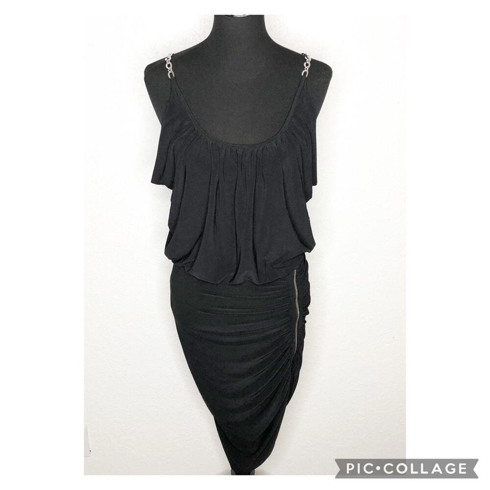 Cache black silver chain strap ruched zip skirt cocktail dress size Medium
